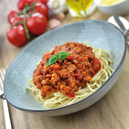 Vegan spaghetti bolognaise (aka volognaise) van Catch a Veg. Vegan, diepvries kant-en-klare maaltijd.