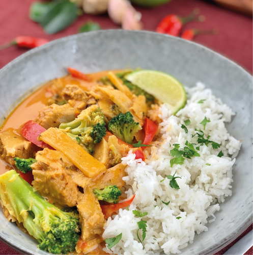 Vegan Thaise Curry met rijst van Catch a Veg. Vegan, diepvries maaltijden.
